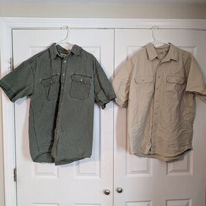 Two LL Bean Men's Casual Short Sleeve Shirt - Green and Beige Large